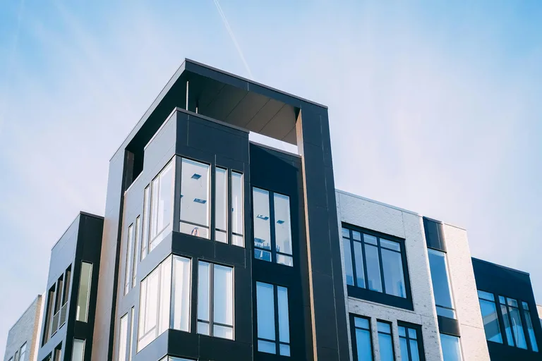 Modern commercial building exterior low-angle view